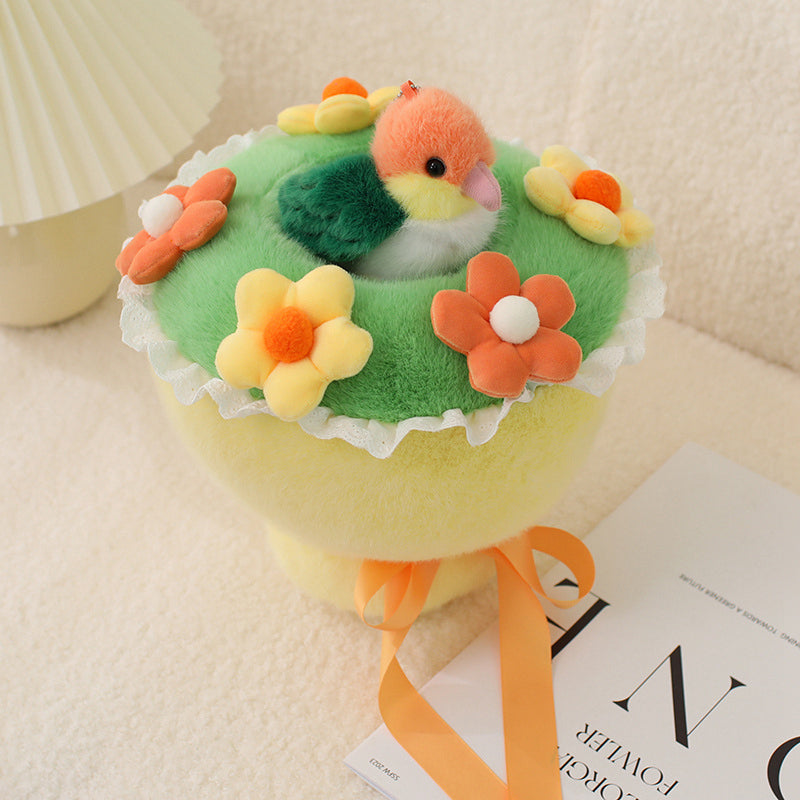 Green Land Plush Flower Bouquet with Little Bird - Soft Friend